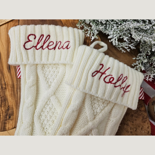 Personalised Rustic Cable Knit Christmas Stocking with Red Name