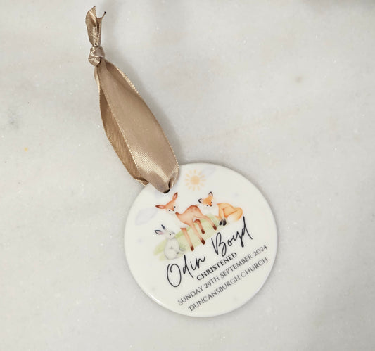 Woodland Animal Christening Ceramic Ornament